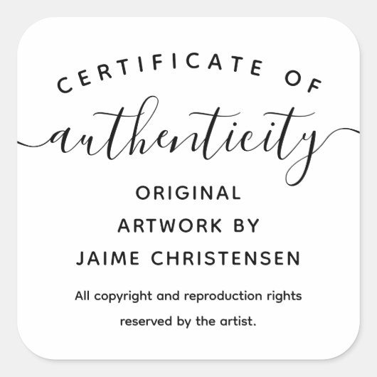 Eenvoudig Chic Script Certificate of Authenticity Vierkante Sticker (Voorkant)