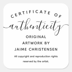 Eenvoudig Chic Script Certificate of Authenticity Vierkante Sticker