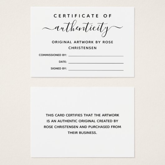 Eenvoudig Chic Script Certificate of Authenticity Visitekaartje (Voorkant /achterkant)