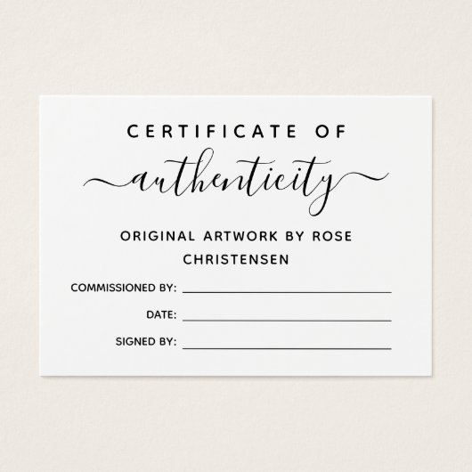 Eenvoudig Chic Script Certificate of Authenticity Visitekaartje (Voorkant)