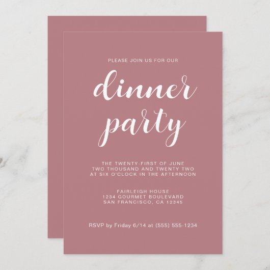 Eenvoudig Chic Script Dusty Roos Dinner Party Kaart (Voorkant / Achterkant)