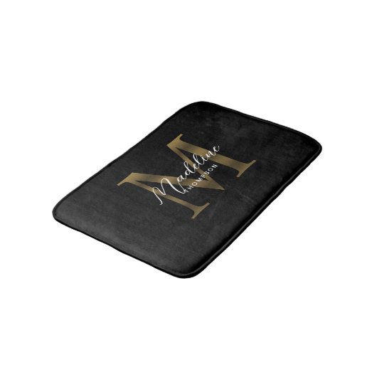 Eenvoudig Chic Script Metallic Zwart Goud Monogram Badmat (Gekanteld)
