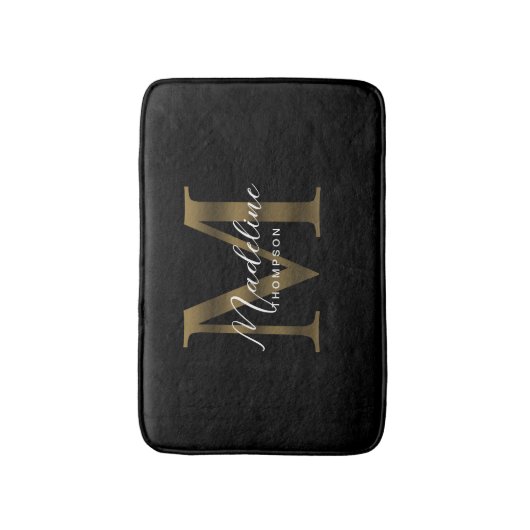 Eenvoudig Chic Script Metallic Zwart Goud Monogram Badmat (Voorkant Verticaal)