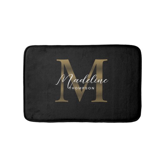 Eenvoudig Chic Script Metallic Zwart Goud Monogram Badmat (Voorkant)