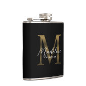 Eenvoudig Chic Script Metallic Zwart Goud Monogram Heupfles (Rechts)
