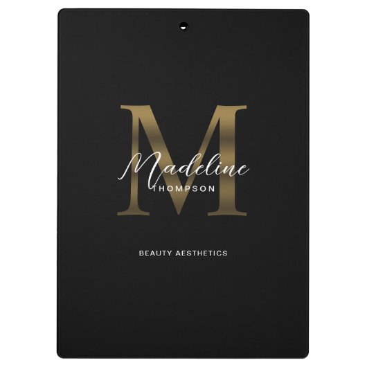 Eenvoudig Chic Script Metallic Zwart Goud Monogram Klembord (Achterkant)