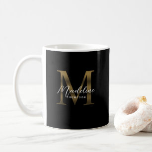 Eenvoudig Chic Script Metallic Zwart Goud Monogram Koffiemok
