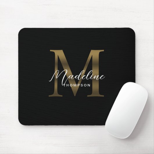 Eenvoudig Chic Script Metallic Zwart Goud Monogram Muismat (Met muis)