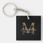 Eenvoudig Chic Script Metallic Zwart Goud Monogram Sleutelhanger (Voorkant)