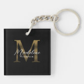 Eenvoudig Chic Script Metallic Zwart Goud Monogram Sleutelhanger (Achterkant)