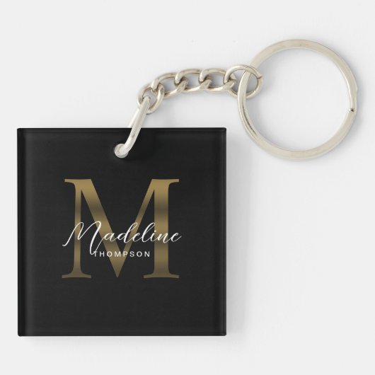 Eenvoudig Chic Script Metallic Zwart Goud Monogram Sleutelhanger (Achterkant)
