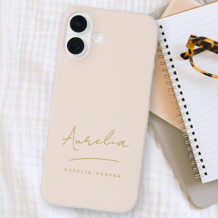 Eenvoudig Chic Script Monogram Blush Pink Gold iPhone 16 Plus Hoesje