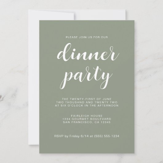 Eenvoudig Chic Script Sage Green Dinner Party Kaart (Voorkant)