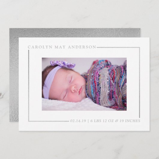 Eenvoudig Chic Silver Foil Foto geboorteaankondigi Aankondiging (Voorkant / Achterkant)