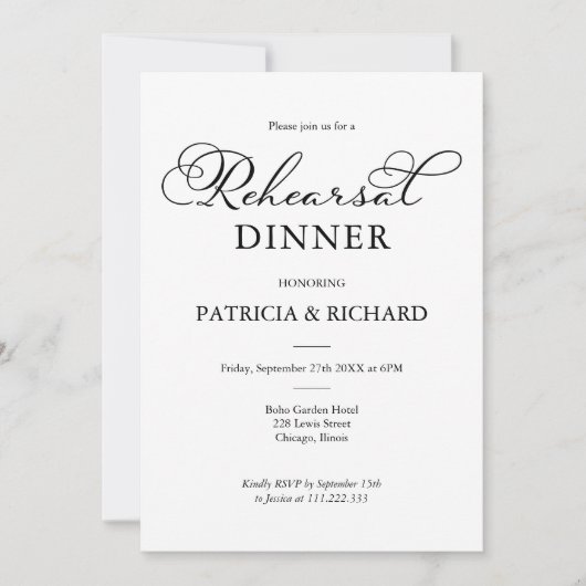 Eenvoudig chic zwart script repetitie diner kaart (Voorkant)