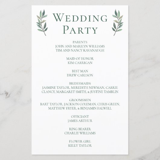 Eenvoudig chique groen botanisch bruiloft programm (Achterkant)
