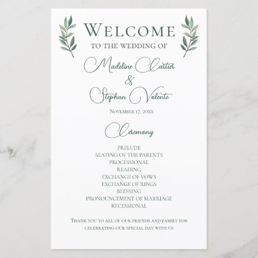 Eenvoudig chique groen botanisch bruiloft programm (Voorkant)