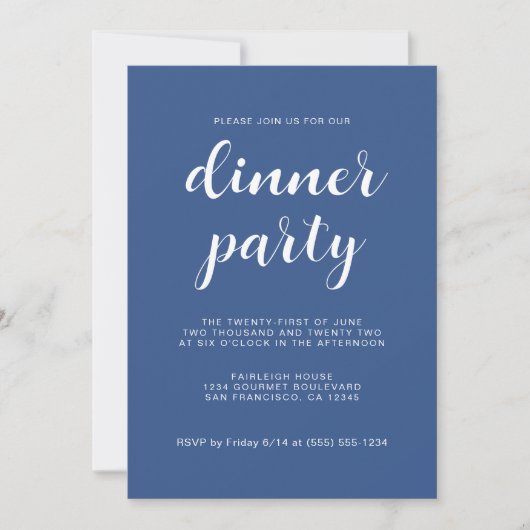 Eenvoudig Chique Script Klassiek Blauw Diner Party Kaart (Voorkant)