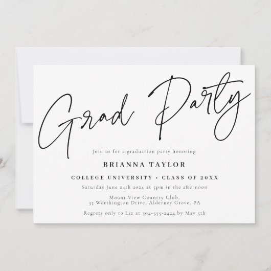 Eenvoudig Chique Script Zwart Wit Afstudeerfeest Kaart (Voorkant)
