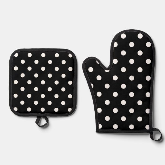 Eenvoudig chique wit polkadots patroon op zwart ovenwant & pannenlap set (Voorkant)