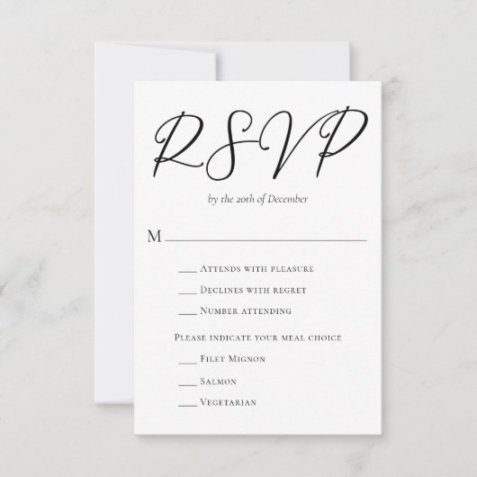 Eenvoudig chique zwart script met maaltijdkeuze br RSVP kaartje (Voorkant)