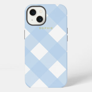 Eenvoudig  Classic Blauw Gingham Goud Monogram iPhone 13 Hoesje