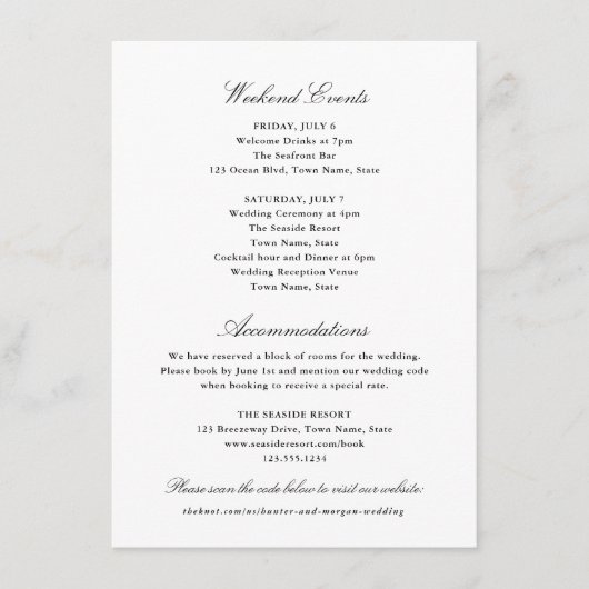 Eenvoudig Classic Elegant Zwart Wit Weekend Hotel Informatiekaartje (Voorkant)