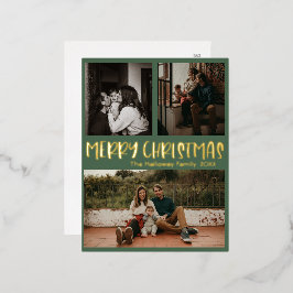 Eenvoudig Classic kerstgroen drie foto's Gold Folie Feestdagen Briefkaart