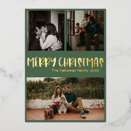 Eenvoudig Classic kerstgroen drie foto's Gold Folie Feestdagenkaart