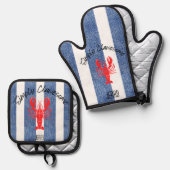 "EENVOUDIG CLAWESOME" Rode Kreeft op Denim Stripes Ovenwant & Pannenlap Set (Voorkant / Achterkant)