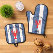 "EENVOUDIG CLAWESOME" Rode Kreeft op Denim Stripes Ovenwant & Pannenlap Set (Top down)