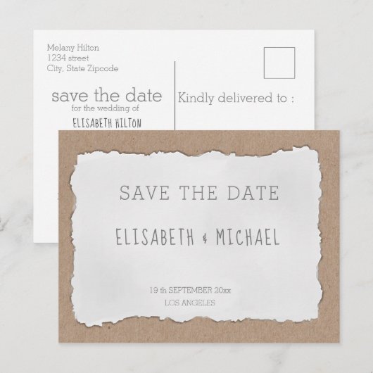 Eenvoudig, contemhedendaags gescheurd karton aankondigingskaart (Voorkant / Achterkant)