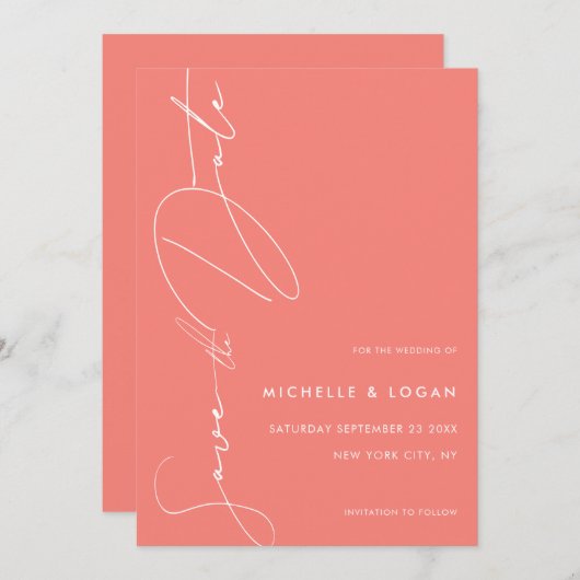 Eenvoudig Coral Pink Modern handgeschreven script Save The Date (Voorkant / Achterkant)