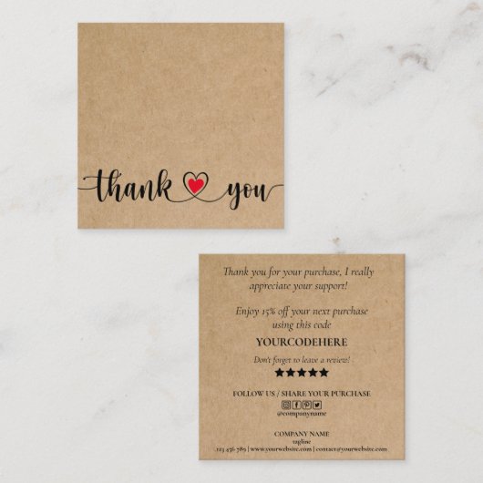 Eenvoudig Craft Script Bedankt voor uw bestelling Vierkante Visitekaartje (Voorkant / Achterkant)