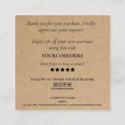 Eenvoudig Craft Script Bedankt voor uw bestelling Vierkante Visitekaartje (Achterkant)