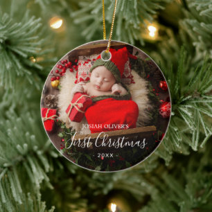 Eenvoudig Cute Elegant Foto Baby's Eerste Kerstmis Keramisch Ornament