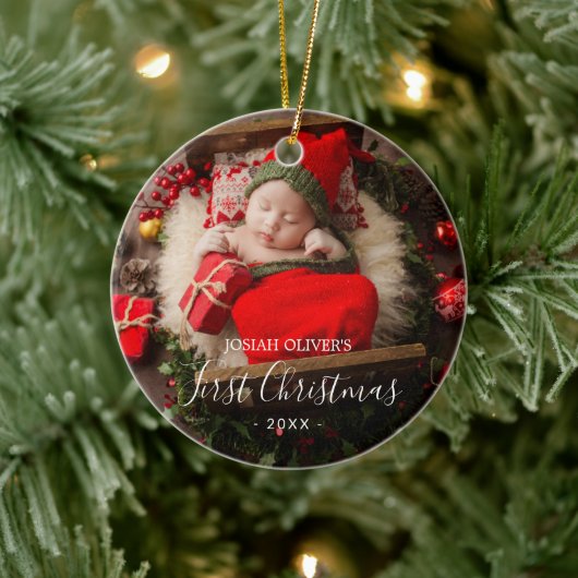 Eenvoudig Cute Elegant Foto Baby's Eerste Kerstmis Keramisch Ornament (Boom)