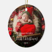 Eenvoudig Cute Elegant Foto Baby's Eerste Kerstmis Keramisch Ornament (Links)