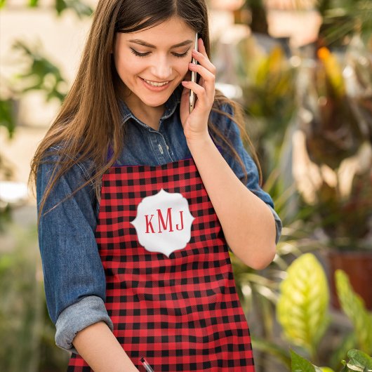 Eenvoudig Cute Monogram Rode Zwarte Buffalo Check Schort