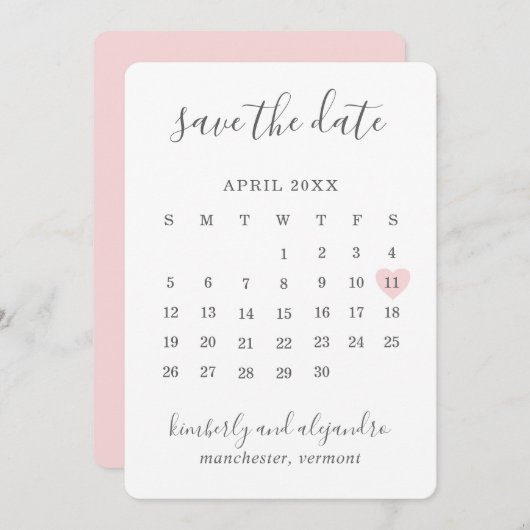 Eenvoudig Cute Pink Heart Calender Wedding Save The Date (Voorkant / Achterkant)