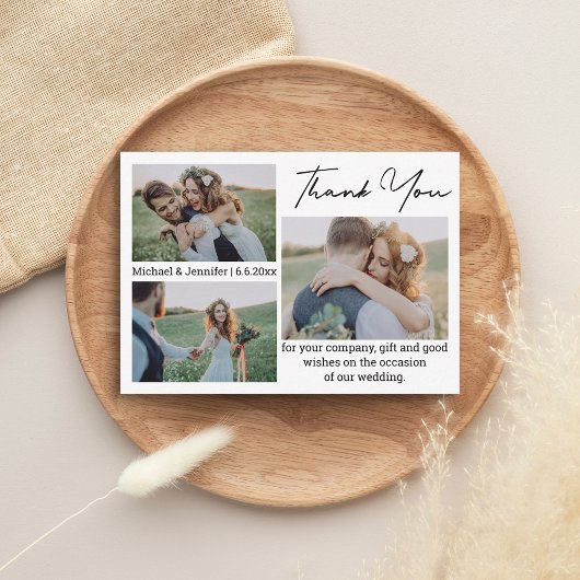 Eenvoudig dank u 3 foto's bruiloft notitiekaartje