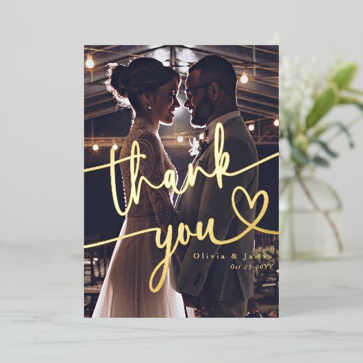 Eenvoudig dank u Script hart bruiloft foto Folie Feestdagenkaart (Staand Voorkant)
