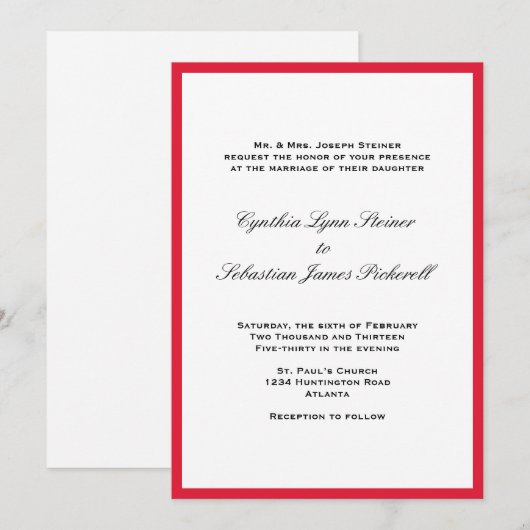 Eenvoudig de kleurengrens rode zwarte trouwuitnodi kaart (Voorkant / Achterkant)