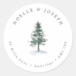 Eenvoudig dennenboom-huwelijksretouradres ronde sticker