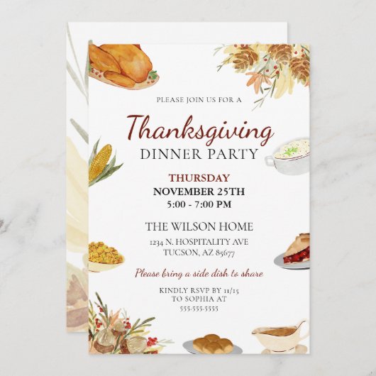 Eenvoudig diner met minimale Waterverf Thanksgivin Kaart (Voorkant / Achterkant)