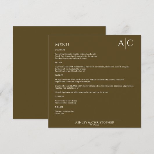 Eenvoudig donker brons monogram bruiloft receptie menu (Voorkant / Achterkant)