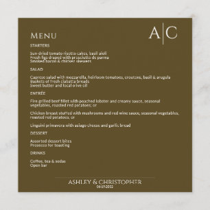 Eenvoudig donker brons monogram bruiloft receptie menu
