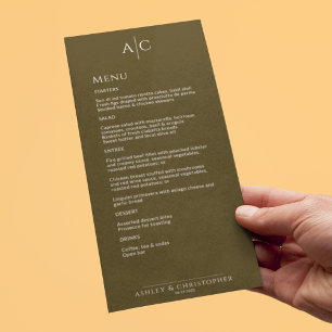 Eenvoudig donker brons monogram bruiloft receptie menu