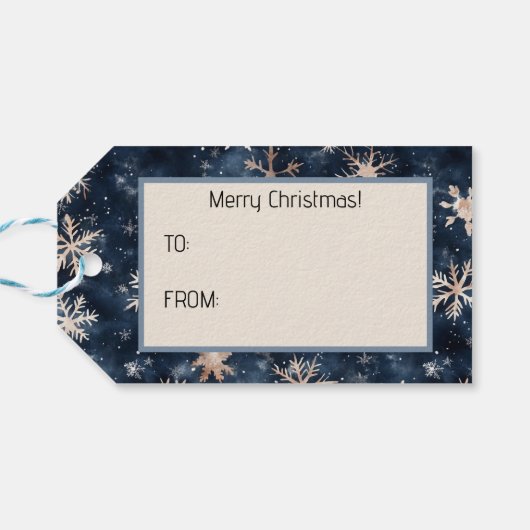 Eenvoudig donkerblauw met sneeuwvlokken cadeaulabel (Achterkant Horizontaal)
