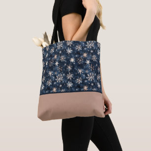 Eenvoudig donkerblauw met sneeuwvlokken kleurblok tote bag